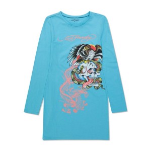 Ed Hardy Battle Skull Baby Tee Long Sleeve Dress Kadın Elbise Açık Turkuaz | 23574-TAZX
