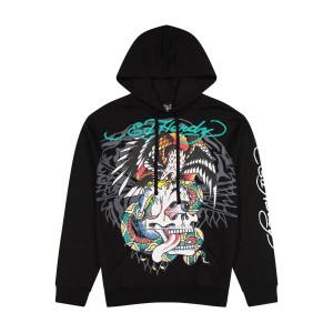 Ed Hardy Battle Skull Black Pullover Hoodie Erkek Kapşonlu Siyah | 84173-ADPN