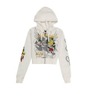 Ed Hardy Brave Eagle Cropped Hoodie Kadın Kapşonlu Beyaz | 31642-MZRN
