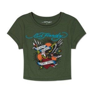 Ed Hardy Brave Eagle Rhinestone Baby Tee Kadın Baby Tees Zeytin Yeşili | 08364-BOYH