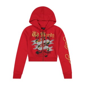 Ed Hardy Broken Hearts Cherry Zip Front Cropped Hoodie Kadın Kapşonlu Pembe | 06352-MQJD