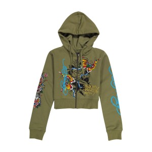 Ed Hardy Butterflies Cropped Hoodie Kadın Kapşonlu Zeytin Yeşili | 19758-EBLG