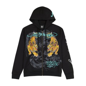 Ed Hardy Crawling Tigers Hoodie Erkek Kapşonlu Siyah | 98701-OHXW
