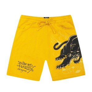 Ed Hardy Crouching Panther Fleece Short Erkek Pantolon Marigold | 04291-UTFH