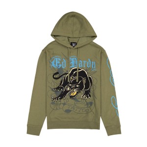 Ed Hardy Crouching Panther Mens Hoodie Erkek Kapşonlu Zeytin Yeşili | 50178-HAGR