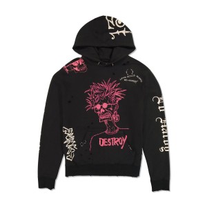 Ed Hardy Destroy Skele Hoodie Erkek Kapşonlu Siyah | 03487-BZEK
