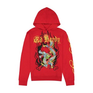 Ed Hardy Dragon Mens Hoodie Erkek Kapşonlu Kırmızı | 14598-QWPN