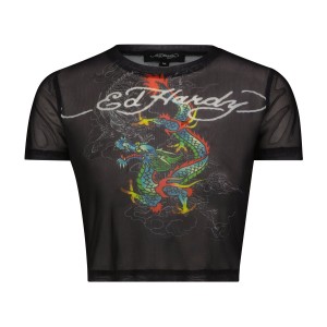 Ed Hardy Dragon Print Mesh Shirt Kadın Baby Tees Siyah | 13578-QUHM