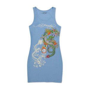 Ed Hardy Dragons Rib Tank Dress Kadın Elbise Mavi | 38724-YKGX
