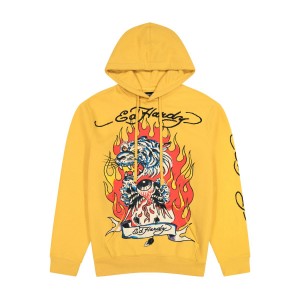 Ed Hardy Fire Tiger Golden Yellow Pullover Hoodie Erkek Kapşonlu Sarı | 61203-UVFH
