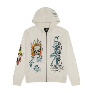Ed Hardy Flame Skull Hoodie Erkek Kapşonlu Beyaz | 51798-ZQLY