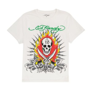Ed Hardy Flame Skull Tee Erkek Tişört Cloud Dancer | 57986-YNQL