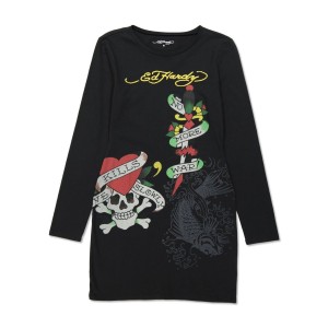 Ed Hardy LKS Skull Baby Tee Long Sleeve Dress Kadın Elbise Siyah | 75024-MRJO