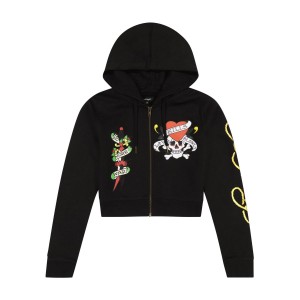Ed Hardy LKS Skull Black Zip Front Cropped Hoodie Kadın Kapşonlu Siyah | 24056-VUAI