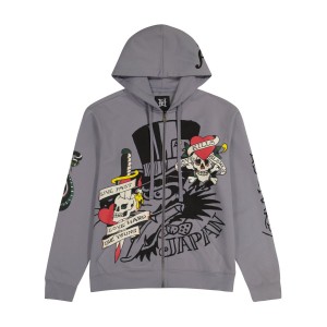 Ed Hardy LKS Skull Hoodie Erkek Kapşonlu Açık Gri | 54609-RLTM