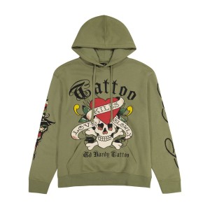Ed Hardy LKS Skull Hoodie Erkek Kapşonlu Açık Zeytin Yeşili | 49086-DBAU