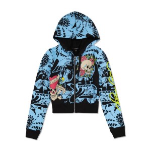 Ed Hardy LKS Skull Zip Cropped Fleece Hoodie Kadın Kapşonlu Siyah | 45106-YQEL