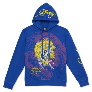 Ed Hardy Lightning Skull Hoodie Erkek Kapşonlu Koyu Mavi | 57401-WCAM