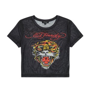 Ed Hardy Mesh Tiger Head Baby Tee Kadın Üstler Siyah | 04791-EOVR