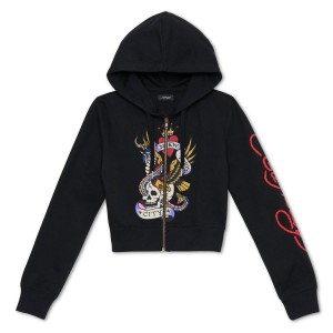 Ed Hardy Nyc Skull Cropped Hoodie Kadın Kapşonlu Siyah | 02731-DTQW