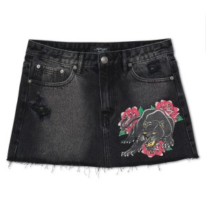 Ed Hardy Panther Roses Denim Skirt Kadın Denim Siyah Açık Mavi | 34967-DPLS