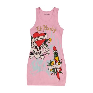 Ed Hardy Retro Flash Rib Tank Dress Kadın Elbise Bubblegum | 37902-DSEU