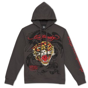 Ed Hardy Retro Tiger Hoodie Erkek Kapşonlu Gri | 25476-JBRH