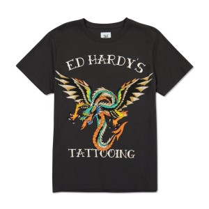 Ed Hardy Rhinestone Dragon Wings Erkek Tişört Siyah | 02194-YMFS