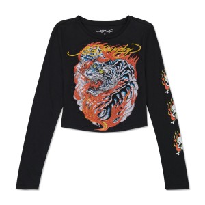 Ed Hardy Rhinestone Flaming Tiger Long Sleeve Baby Tee Kadın Üstler Siyah | 37520-AIZL