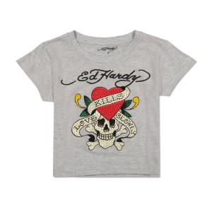 Ed Hardy Rhinestone LKS Skull Baby Tee Kadın Baby Tees Gri | 47012-EPGN
