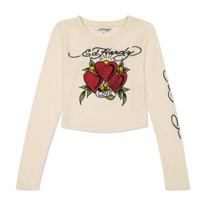 Ed Hardy Rhinestone Long Sleeve Hearts Baby Tee Kadın Baby Tees Beyaz | 45012-HZYW