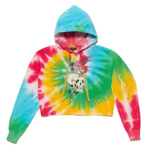 Ed Hardy Rose Skull Cropped Fleece Hoodie Kadın Kapşonlu Renkli | 31902-VAYH