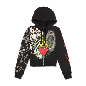 Ed Hardy Sacred Heart Cropped Zip Fleece Hoodie Kadın Kapşonlu Siyah | 64592-KQRZ