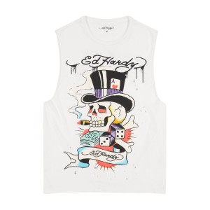 Ed Hardy Skull Tophat Mens Cutoff Tee Erkek Tişört Beyaz | 69410-CIKQ