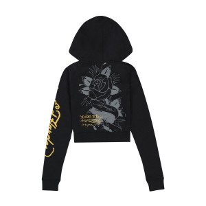 Ed Hardy Swallow Cropped Hoodie Kadın Kapşonlu Siyah | 20784-SQEH