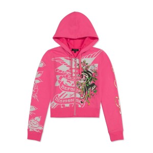 Ed Hardy Tiger Crown Zip Fleece Hoodie Kadın Kapşonlu Pembe | 51487-RSYC