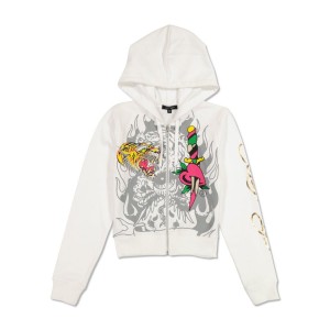 Ed Hardy Tiger Dagger Cropped Zip Fleece Hoodie Kadın Kapşonlu Beyaz | 93182-WFZO