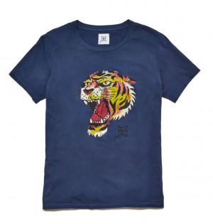Ed Hardy Tiger Head Washed T-Shirt Erkek Tişört Lacivert | 48236-ORWK
