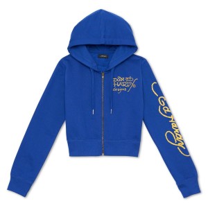 Ed Hardy Tiger Lotus Cropped Hoodie Kadın Kapşonlu Koyu Mavi | 61032-FQWG