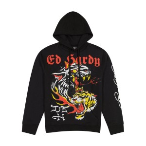 Ed Hardy Tiger Panther Black Pullover Hoodie Erkek Kapşonlu | 98645-TOUL