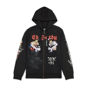 Ed Hardy Tiger Panther Hoodie Erkek Kapşonlu Siyah | 13892-QYAB