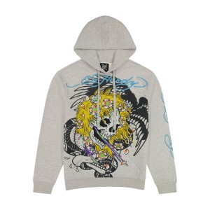Ed Hardy Yellow Hair Skull Heather Grey Pullover Hoodie Erkek Kapşonlu Gri | 03127-IEKA